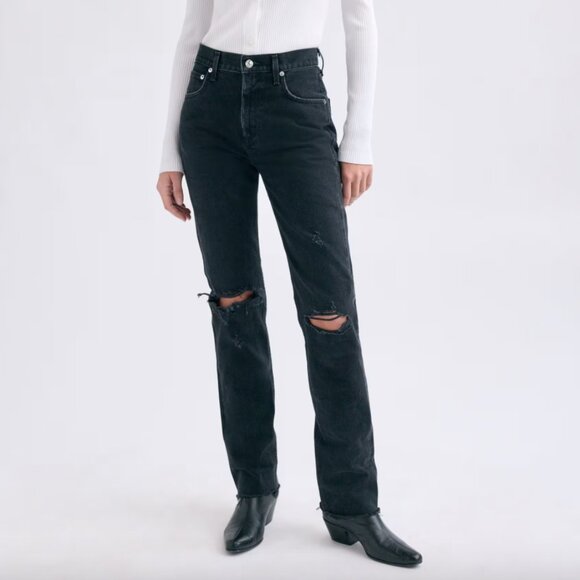 AGOLDE Black Distortion Wash Cherie High Rise Distressed Straight Denim Jeans - Picture 1 of 8